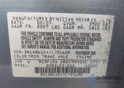 2007 Nissan Sentra 2.0S from USA, damaged, VIN 3N1AB61E47L701622